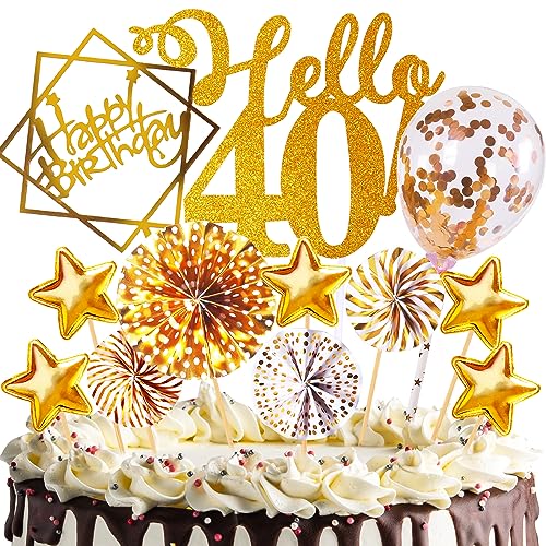 Tortendeko Geburtstag,Happy Birthday 40 jahre Kuchendeko Frauen mädchen,40. Cake Topper,Cupcake Topper mit Sternen Konfetti-Luftballons und Papierfächer für 40 Geburtstag von HCSSZ