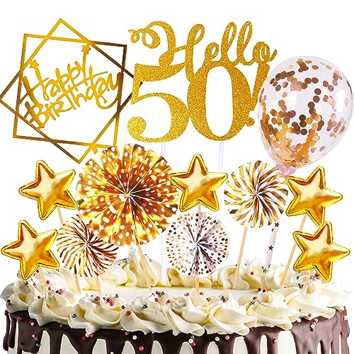 Tortendeko Geburtstag,Happy Birthday 50 jahre Kuchendeko Frauen mädchen,50. Cake Topper,Cupcake Topper mit Sternen Konfetti-Luftballons und Papierfächer für 50 Geburtstag von HCSSZ