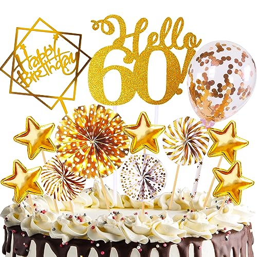 Tortendeko Geburtstag,Happy Birthday 60 jahre Kuchendeko Frauen Männer,60. Cake Topper,Cupcake Topper mit Sternen Konfetti-Luftballons und Papierfächer für 60 Geburtstag von HCSSZ