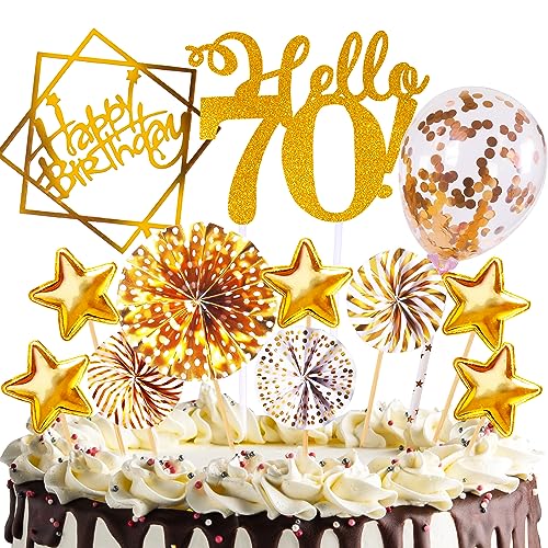 Tortendeko Geburtstag,Happy Birthday 70 jahre Kuchendeko Frauen Männer,70. Cake Topper,Cupcake Topper mit Sternen Konfetti-Luftballons und Papierfächer für 70 Geburtstag von HCSSZ