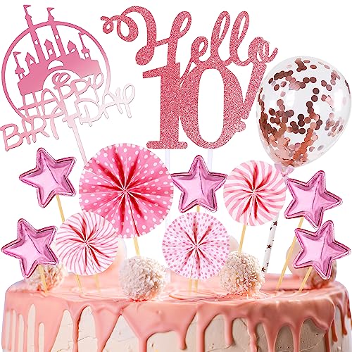 Tortendeko Geburtstag, Happy Birthday 10 jahre Kuchendeko junge mädchen, 10. Cake Topper, Cupcake Topper mit Sternen Konfetti-Luftballons und Papierfächer für 10 Geburtstag von HCSSZ