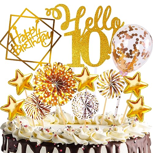 Tortendeko Geburtstag, Happy Birthday 10 jahre Kuchendeko junge mädchen, 10. Cake Topper, Cupcake Topper mit Sternen Konfetti-Luftballons und Papierfächer für 10 Geburtstag von HCSSZ