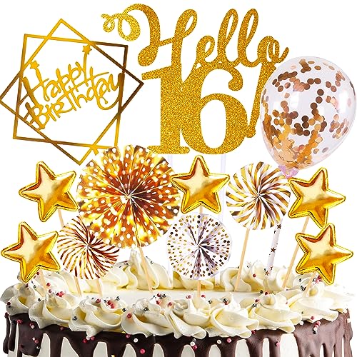 Tortendeko Geburtstag, Happy Birthday 16 Jahre Kuchendeko Junge mädchen, 16. Cake Topper, Cupcake Topper mit Sternen Konfetti-Luftballons und Papierfächer für 16 Geburtstag von HCSSZ