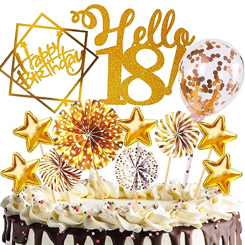 Tortendeko Geburtstag,Happy Birthday 18 jahre Kuchendeko Frauen Männer,18.Cake Topper,Cupcake Topper mit Sternen Konfetti-Luftballons und Papierfächer für 18 Geburtstag von HCSSZ