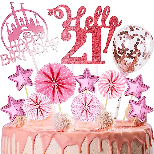Tortendeko Geburtstag,Happy Birthday 21 jahre Kuchendeko Frauen,21.Cake Topper,Cupcake Topper mit Sternen Konfetti-Luftballons und Papierfächer für 21 Geburtstag von HCSSZ