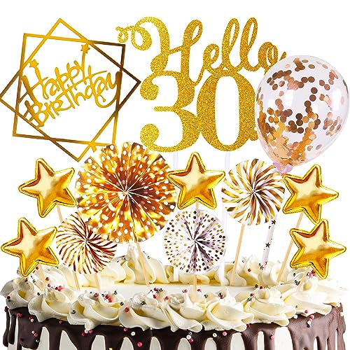 Tortendeko Geburtstag,Happy Birthday 30 jahre Kuchendeko Frauen Männer,30.Cake Topper,Cupcake Topper mit Sternen Konfetti-Luftballons und Papierfächer für 30 Geburtstag von HCSSZ