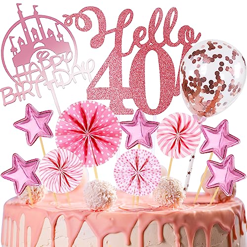 HCSSZ Tortendeko Geburtstag,Happy Birthday 40 Jahre Kuchendeko Frauen,40. Cake Topper,Cupcake Topper mit Sternen Konfetti-Luftballons und Papierfächer für 40 Geburtstag von HCSSZ