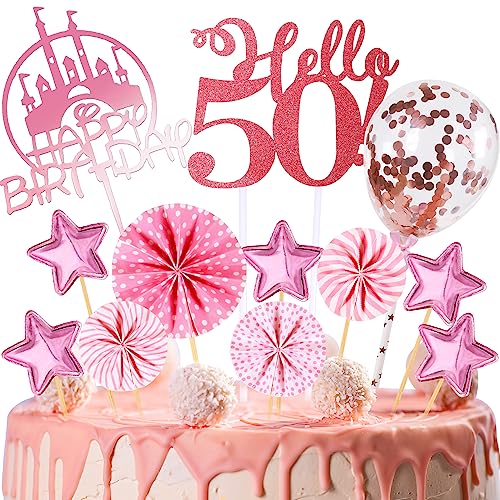 Tortendeko Geburtstag,Happy Birthday 50 jahre Kuchendeko Frauen,50. Cake Topper,Cupcake Topper mit Sternen Konfetti-Luftballons und Papierfächer für 50 Geburtstag von HCSSZ