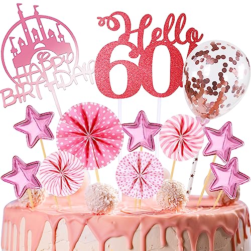 Tortendeko Geburtstag,Happy Birthday 60 jahre Kuchendeko Frauen,60. Cake Topper,Cupcake Topper mit Sternen Konfetti-Luftballons und Papierfächer für 60 Geburtstag von HCSSZ