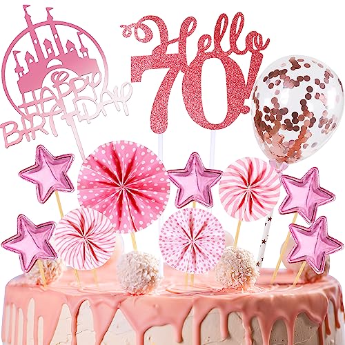 Tortendeko Geburtstag,Happy Birthday 70 jahre Kuchendeko Frauen,70. Cake Topper,Cupcake Topper mit Sternen Konfetti-Luftballons und Papierfächer für 70 Geburtstag von HCSSZ