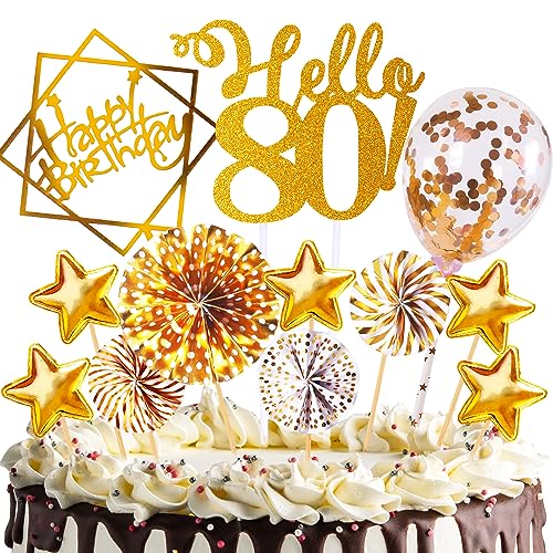 Tortendeko Geburtstag,Happy Birthday 80 jahre Kuchendeko Frauen Männer,80. Cake Topper,Cupcake Topper mit Sternen Konfetti-Luftballons und Papierfächer für 80 Geburtstag von HCSSZ