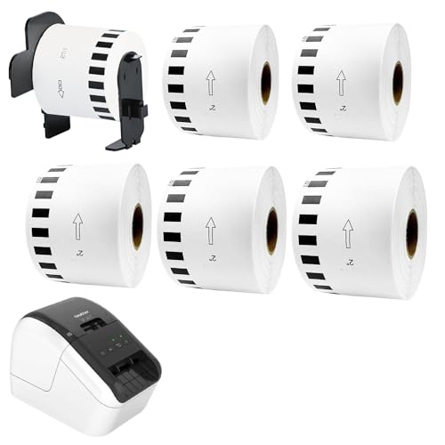 Kompatible DK-22223 Endlos-Etiketten 50mm x 30,48m für Brother QL Etikettendrucker – Selbstklebende Rollen für Büro, Versand und Archivierung (6 Rollen (1 mit Halter + 5 ohne)) von HCT STYLE
