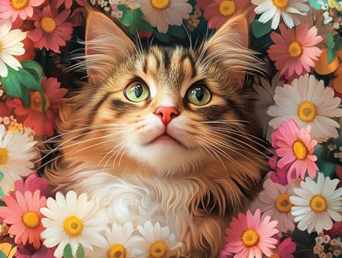 Diamond Painting Chrysantheme, Katze Diamant Painting Bilder Erwachsene, 5D Runder Vollbohrer Diamond Art Malerei Bastelset Erwachsene, Aesthetic Room Decor, Geschenke für Frauen, 90x120cm, Model 75 von HCWBDWOU