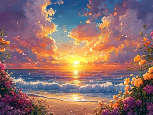 Diamond Painting Strand, Sonnenuntergang Diamant Painting Bilder Erwachsene, 5D Runder Vollbohrer Diamond Art Malerei Anfänger Bastelset Erwachsene, für Aesthetic Room Decor, (100x135cm), Model 99 von HCWBDWOU