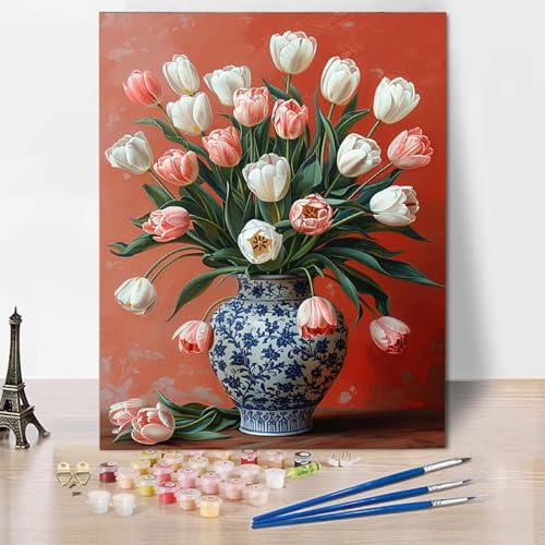Malen Nach Zahlen Blume Malen Nach Zahlen Erwachsene Vase Painting by Numbers Adult Basteln Erwachsene, Mit 3 Pinseln und Acrylfarbe für Deko Wohnzimmer, Geschenke für Frauen (70 x 95 cm) -CW250406 von HCWBDWOU