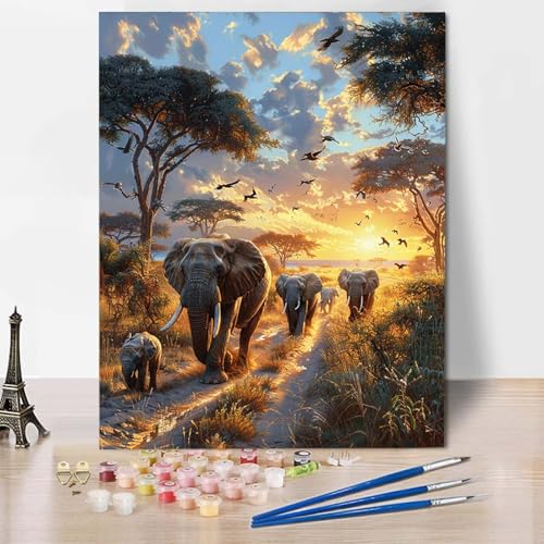 Malen Nach Zahlen Elefant Malen Nach Zahlen Erwachsene Sonnenuntergang Painting by Numbers Adult Basteln Erwachsene, Mit 3 Pinseln und Acrylfarbe für Deko Wohnzimmer, Geschenke (100x135cm) -CW25041T von HCWBDWOU