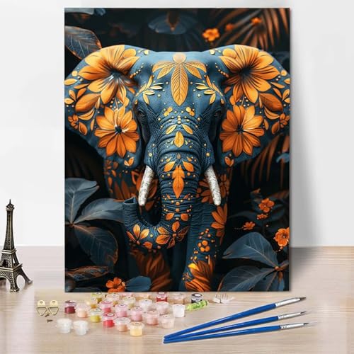 Malen Nach Zahlen Elefant Malen Nach Zahlen Erwachsene Tier Painting by Numbers Adult Basteln Erwachsene, Mit 3 Pinseln und Acrylfarbe für Deko Wohnzimmer, Geschenke für Frauen (40x60cm) -CW2504AT von HCWBDWOU