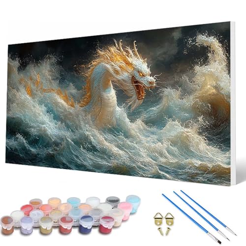Malen Nach Zahlen Erwachsene, Drachen Malen Nach Zahlen Ozean Paint by Numbers DIY Bastelset Erwachsene Mit 3 Pinseln und Acrylfarben für Deko Wohnzimmer, Geschenke für Frauen 40X80 CM -hcw25079H von HCWBDWOU
