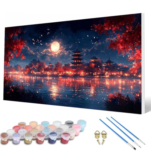 Malen Nach Zahlen Erwachsene, Landschaft Malen Nach Zahlen Mond Paint by Numbers DIY Bastelset Erwachsene Mit 3 Pinseln und Acrylfarben für Deko Wohnzimmer, Geschenke für Frauen 80 x 160 cm -hcw2507J6 von HCWBDWOU