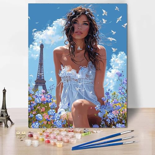 Malen Nach Zahlen Frau Malen Nach Zahlen Erwachsene Eiffelturm Painting by Numbers Adult Basteln Erwachsene, Mit 3 Pinseln und Acrylfarbe für Deko Wohnzimmer, Geschenke für Frauen 70 X 95 CM -CW2504F0 von HCWBDWOU