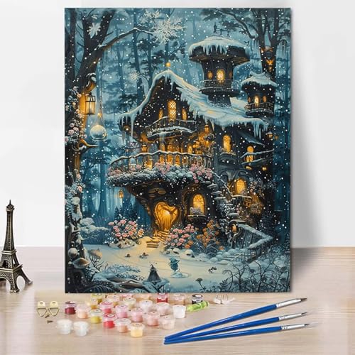 Malen Nach Zahlen Häuser Malen Nach Zahlen Erwachsene Winter Painting by Numbers Adult Basteln Erwachsene, Mit 3 Pinseln und Acrylfarbe für Deko Wohnzimmer, Geschenke für Frauen (70 x 95 cm) -CW2504S4 von HCWBDWOU