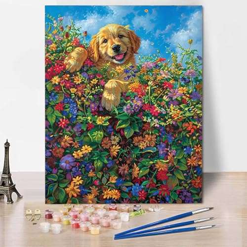 Malen Nach Zahlen Hund Malen Nach Zahlen Erwachsene Blume Painting by Numbers Adult Basteln Erwachsene, Mit 3 Pinseln und Acrylfarbe für Deko Wohnzimmer, Geschenke für Frauen (70 x 95 cm) -CW2504Q0 von HCWBDWOU