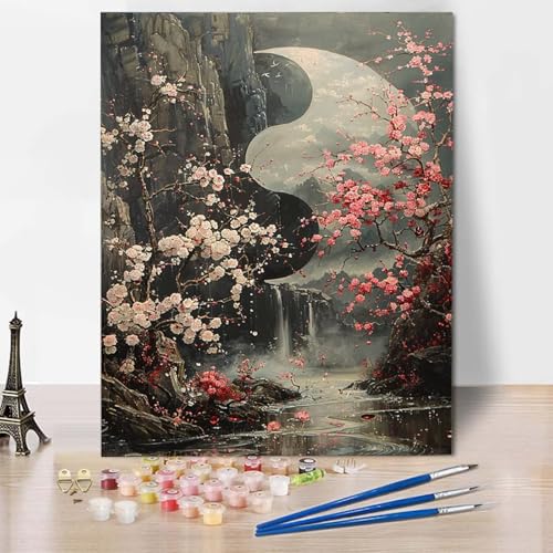 Malen Nach Zahlen Kirschblüten Malen Nach Zahlen Erwachsene Landschaft Painting by Numbers Adult Basteln Erwachsene, Mit 3 Pinseln und Acrylfarbe für Deko Wohnzimmer, Geschenke (20 x 30 cm) -CW2504BL von HCWBDWOU