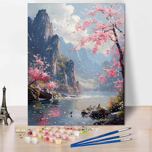 Malen Nach Zahlen Kirschblüten Malen Nach Zahlen Erwachsene Landschaft Painting by Numbers Adult Basteln Erwachsene, Mit 3 Pinseln und Acrylfarbe für Deko Wohnzimmer, Geschenke (70 x 95 cm) -CW2504X5 von HCWBDWOU