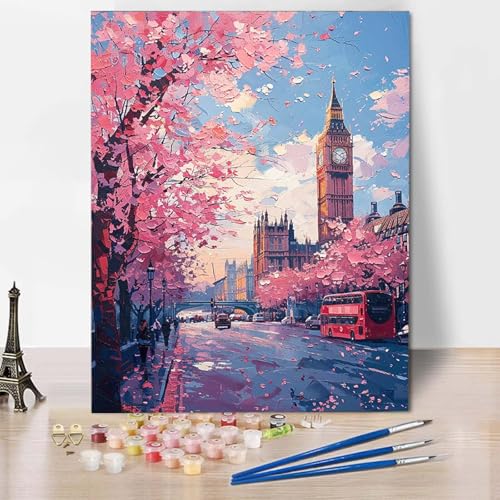 Malen Nach Zahlen Kirschblüten Malen Nach Zahlen Erwachsene Stadt Painting by Numbers Adult Basteln Erwachsene, Mit 3 Pinseln und Acrylfarbe für Deko Wohnzimmer, Geschenke 100 x 135 cm -CW2504N3 von HCWBDWOU