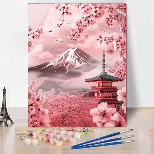 Malen Nach Zahlen Kirschblüten Malen Nach Zahlen Erwachsene Vulkan Fuji Painting by Numbers Adult Basteln Erwachsene, Mit 3 Pinseln und Acrylfarbe für Deko Wohnzimmer, Geschenke 70 X 95 CM -CW2504OF von HCWBDWOU