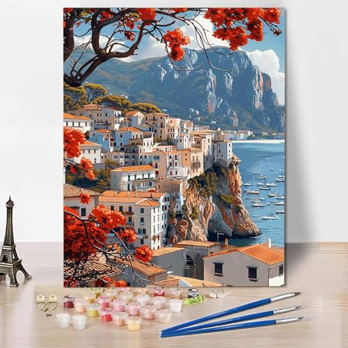 Malen Nach Zahlen Landschaft Malen Nach Zahlen Erwachsene Stadt Painting by Numbers Adult Basteln Erwachsene, Mit 3 Pinseln und Acrylfarbe für Deko Wohnzimmer, Geschenke für Frauen (60x80cm) -CW25044Z von HCWBDWOU