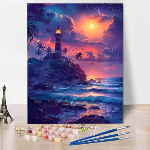 Malen Nach Zahlen Leuchtturm Malen Nach Zahlen Erwachsene Sternenhimmel Painting by Numbers Adult Basteln Erwachsene, Mit 3 Pinseln und Acrylfarbe für Deko Wohnzimmer, Geschenke (60x80cm) -CW25044C von HCWBDWOU