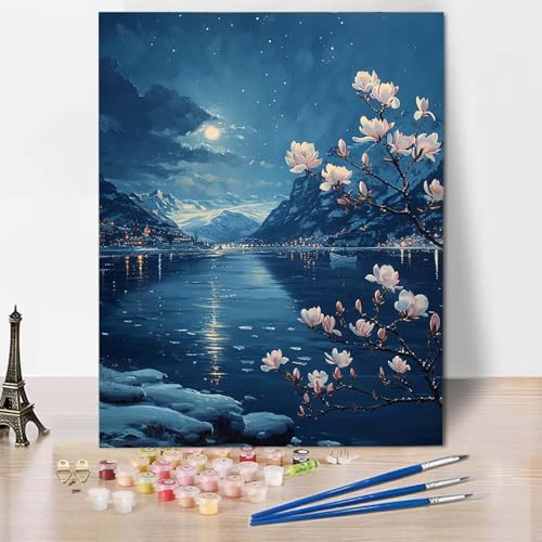 Malen Nach Zahlen Magnolie Malen Nach Zahlen Erwachsene Nachtansicht Painting by Numbers Adult Basteln Erwachsene, Mit 3 Pinseln und Acrylfarbe für Deko Wohnzimmer, Geschenke (40 x 50 cm) -CW2504DU von HCWBDWOU