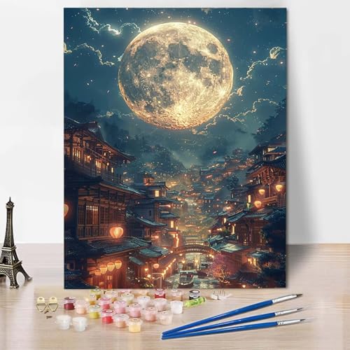 Malen Nach Zahlen Mond Malen Nach Zahlen Erwachsene Stadt Painting by Numbers Adult Basteln Erwachsene, Mit 3 Pinseln und Acrylfarbe für Deko Wohnzimmer, Geschenke für Frauen 70 X 95 CM -CW2504KC von HCWBDWOU