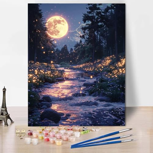 Malen Nach Zahlen Mond Malen Nach Zahlen Erwachsene Wald Painting by Numbers Adult Basteln Erwachsene, Mit 3 Pinseln und Acrylfarbe für Deko Wohnzimmer, Geschenke für Frauen (50 x 65 cm) -CW2504ZN von HCWBDWOU