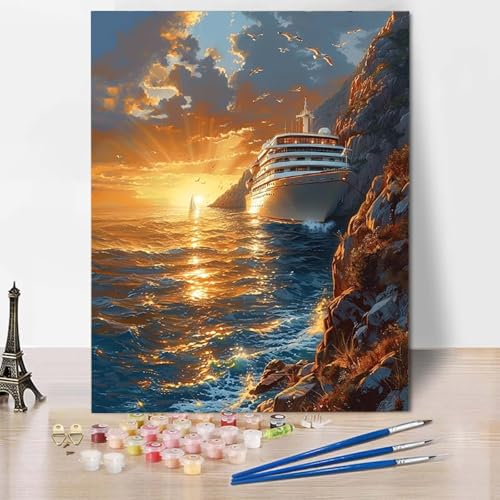 Malen Nach Zahlen Ozean Malen Nach Zahlen Erwachsene Boot Painting by Numbers Adult Basteln Erwachsene, Mit 3 Pinseln und Acrylfarbe für Deko Wohnzimmer, Geschenke für Frauen (40x60cm) -CW2504C6 von HCWBDWOU