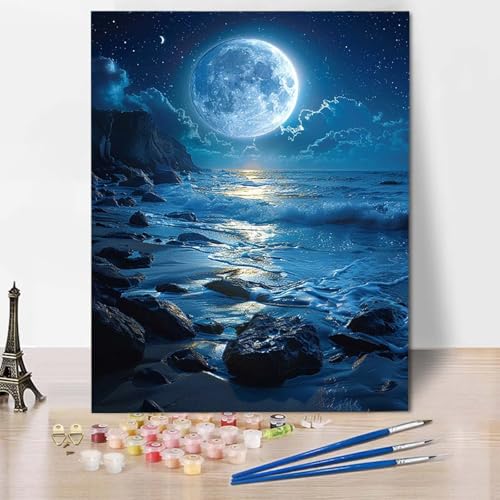 Malen Nach Zahlen Ozean Malen Nach Zahlen Erwachsene Mond Painting by Numbers Adult Basteln Erwachsene, Mit 3 Pinseln und Acrylfarbe für Deko Wohnzimmer, Geschenke für Frauen 40 X 50 CM -CW25040X von HCWBDWOU