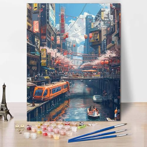 Malen Nach Zahlen Stadt Malen Nach Zahlen Erwachsene Landschaft Painting by Numbers Adult Basteln Erwachsene, Mit 3 Pinseln und Acrylfarbe für Deko Wohnzimmer, Geschenke (70 x 95 cm) -CW2504HN1 von HCWBDWOU
