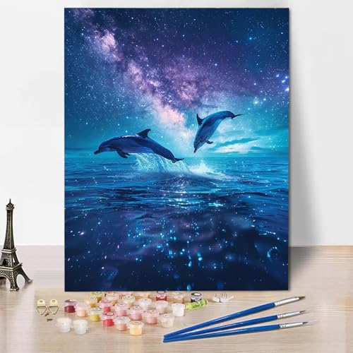 Malen Nach Zahlen Sternenhimmel Malen Nach Zahlen Erwachsene Delphin Painting by Numbers Adult Basteln Erwachsene, Mit 3 Pinseln und Acrylfarbe für Deko Wohnzimmer, Geschenke (70 x 95 cm) -CW2504N1 von HCWBDWOU