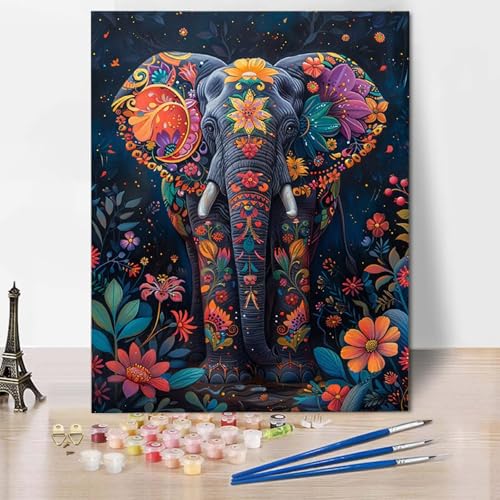Malen Nach Zahlen Tier Malen Nach Zahlen Erwachsene Elefant Painting by Numbers Adult Basteln Erwachsene, Mit 3 Pinseln und Acrylfarbe für Deko Wohnzimmer, Geschenke für Frauen (30x40cm) -CW2504KG von HCWBDWOU