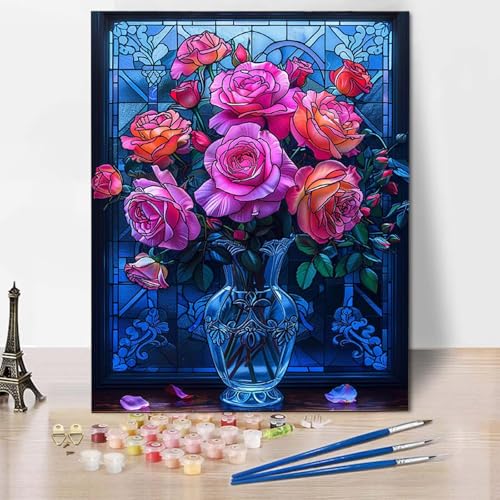 Malen Nach Zahlen Vase Malen Nach Zahlen Erwachsene Blume Painting by Numbers Adult Basteln Erwachsene, Mit 3 Pinseln und Acrylfarbe für Deko Wohnzimmer, Geschenke für Frauen (30x40cm) -CW25040G von HCWBDWOU