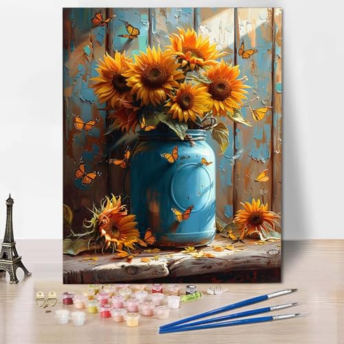 Malen Nach Zahlen Vase Malen Nach Zahlen Erwachsene Sonnenblume Painting by Numbers Adult Basteln Erwachsene, Mit 3 Pinseln und Acrylfarbe für Deko Wohnzimmer, Geschenke (70 x 95 cm) -CW25046B3 von HCWBDWOU