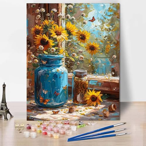 Malen Nach Zahlen Vase Malen Nach Zahlen Erwachsene Sonnenblume Painting by Numbers Adult Basteln Erwachsene, Mit 3 Pinseln und Acrylfarbe für Deko Wohnzimmer, Geschenke für Frauen (40x60cm) -CW250490 von HCWBDWOU