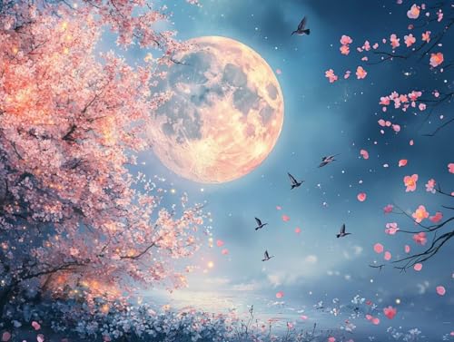 Mond Diamond Painting Erwachsene, 5D Diamond Painting KirschblüTen Bilder, DIY Runder Vollbohrer Diamanten Malerei Kits Erwachsene Mosaikherstellung Bastelset für Wanddeko, Geschenke, 35x50 cm, 73 von HCWBDWOU