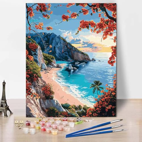 Paint by Numbers Am Meer Malen Nach Zahlen Landschaft Malen Nach Zahlen Anfänger DIY Handgemalt Ölgemälde Leinwand Kits mit 3 Pinseln und Acrylfarbe für Wanddeko, Geschenk (70x95cm) -CW25044DT9M von HCWBDWOU