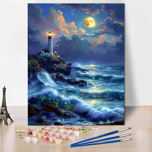 Paint by Numbers Am Meer Malen Nach Zahlen Leuchtturm Malen Nach Zahlen Anfänger DIY Handgemalt Ölgemälde Leinwand Kits mit 3 Pinseln und Acrylfarbe für Wanddeko, Geschenk 70 x 95 cm -CW2504LUT von HCWBDWOU