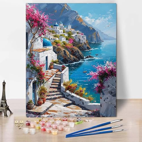 Paint by Numbers Am Meer Malen Nach Zahlen Stadt Malen Nach Zahlen Anfänger DIY Handgemalt Ölgemälde Leinwand Kits mit 3 Pinseln und Acrylfarbe für Wanddeko, Geschenk für Frauen 20 x 30 cm -CW250456 von HCWBDWOU