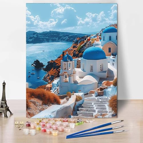 Paint by Numbers Am Meer Malen Nach Zahlen Stadt Malen Nach Zahlen Anfänger DIY Handgemalt Ölgemälde Leinwand Kits mit 3 Pinseln und Acrylfarbe für Wanddeko, Geschenk für Frauen 40 x 50 cm -CW25040Y von HCWBDWOU