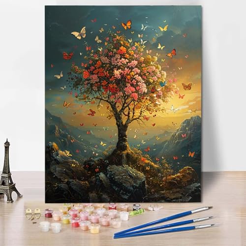 Paint by Numbers Baum Malen Nach Zahlen Landschaft Malen Nach Zahlen Anfänger DIY Handgemalt Ölgemälde Leinwand Kits mit 3 Pinseln und Acrylfarbe für Wanddeko, Geschenk für Frauen (70x95cm) -CW2504AD von HCWBDWOU