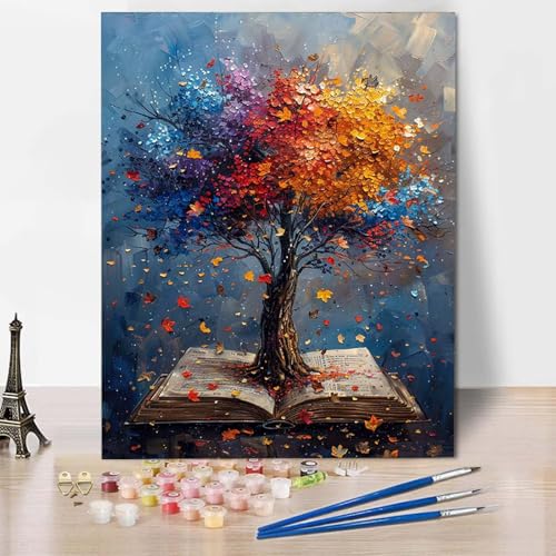 Paint by Numbers Baum des Lebens Malen Nach Zahlen Ahornblatt Malen Nach Zahlen Anfänger DIY Handgemalt Ölgemälde Leinwand Kits mit 3 Pinseln und Acrylfarbe für Wanddeko, Geschenk (20x30cm) -CW2504R3 von HCWBDWOU